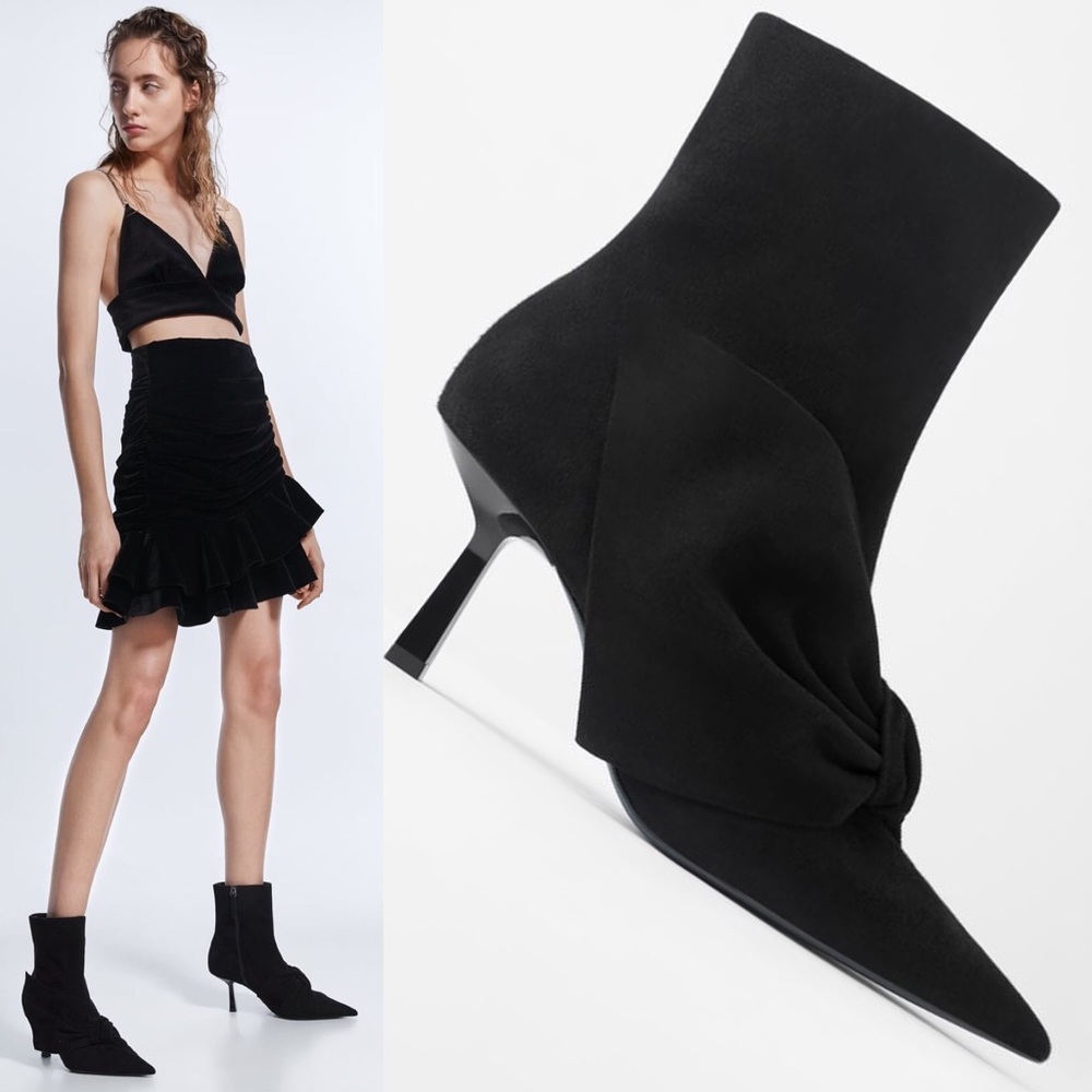 Zara SUEDE BLUE COLLECTION HEEL ANKLE BOOTS W/ BOW